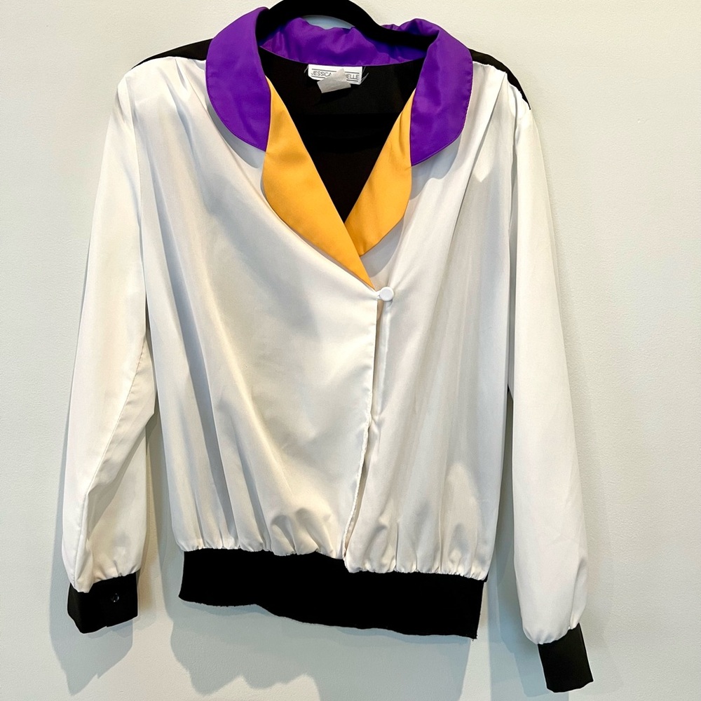 80s Vintage Jessica Michelle Jacket Blouse Long Sleeve White Purple Size 14